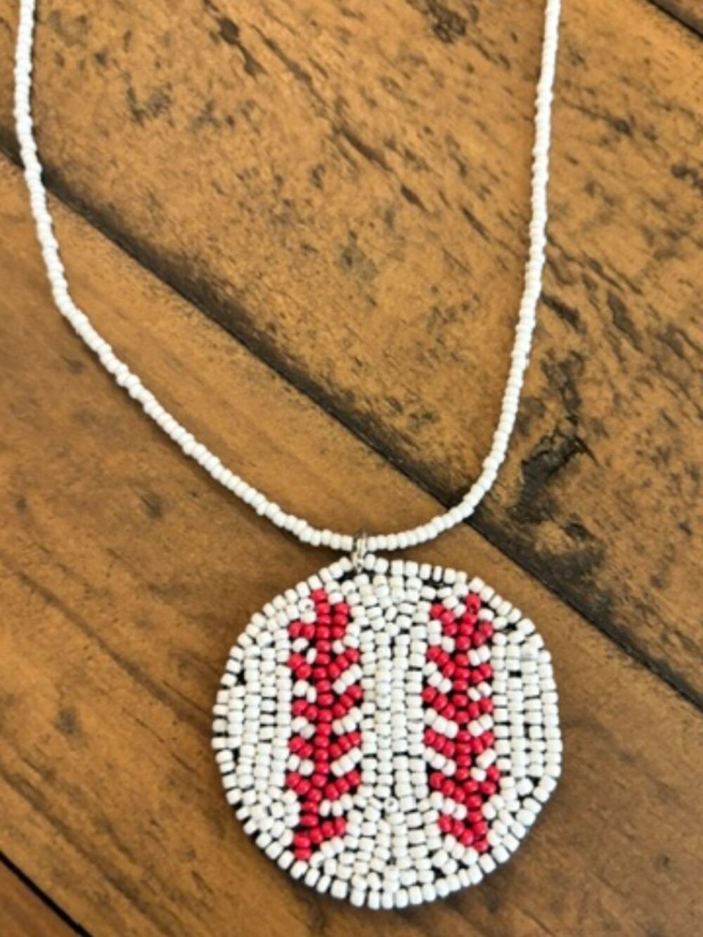 Beaded Baseball Pendant Necklace Red White Felt Back Game Day Jewelry